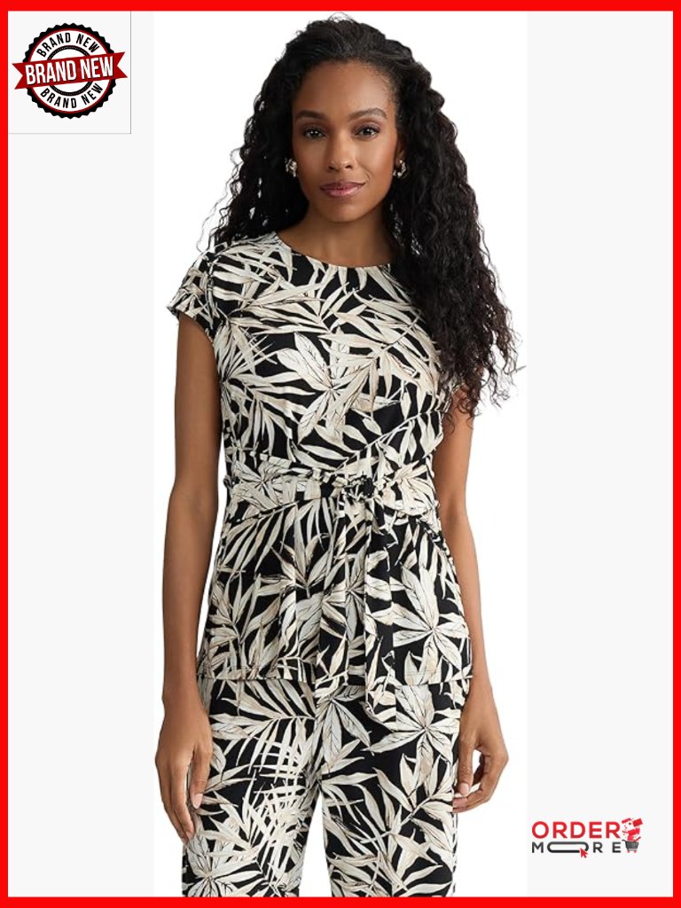 Extended Shoulder Tie Front Printed Top Raglan Cap Sleeve Blouse Ity Knit